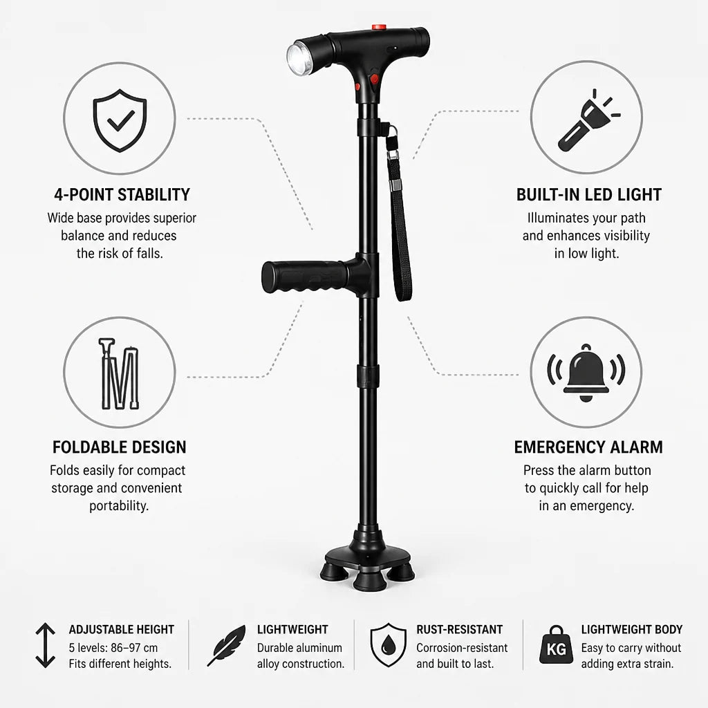 Walking Cane 4-Point Base Folding LED Light & Alarm