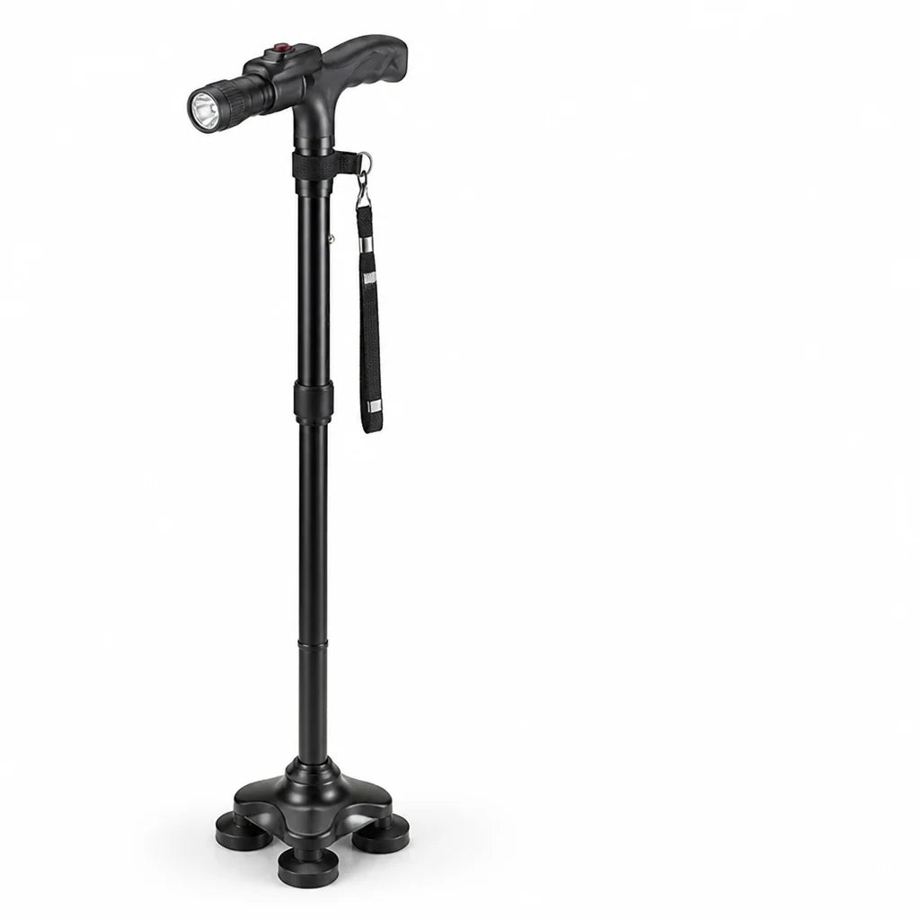 Walking Cane 4-Point Base Folding LED Light & Alarm