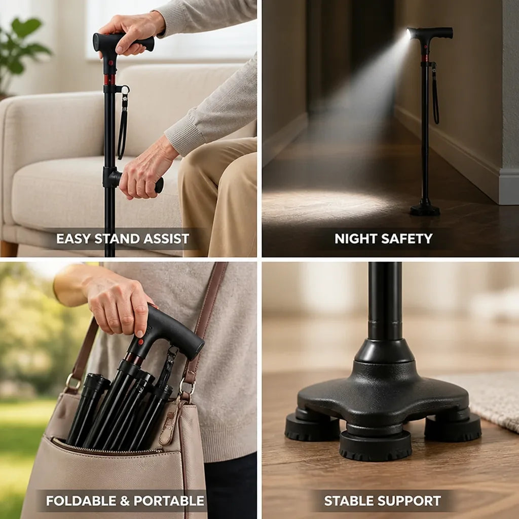 Walking Cane Double-Handle Foldable Night-Ready