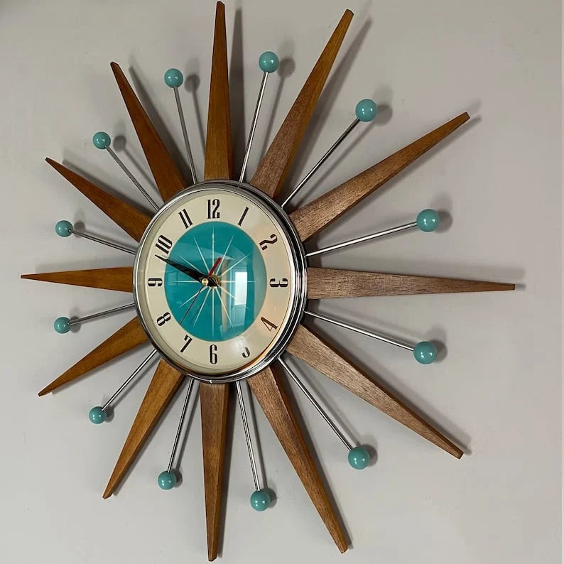 Wall Clock Mid-Century Sunburst Silent Battery-Powered