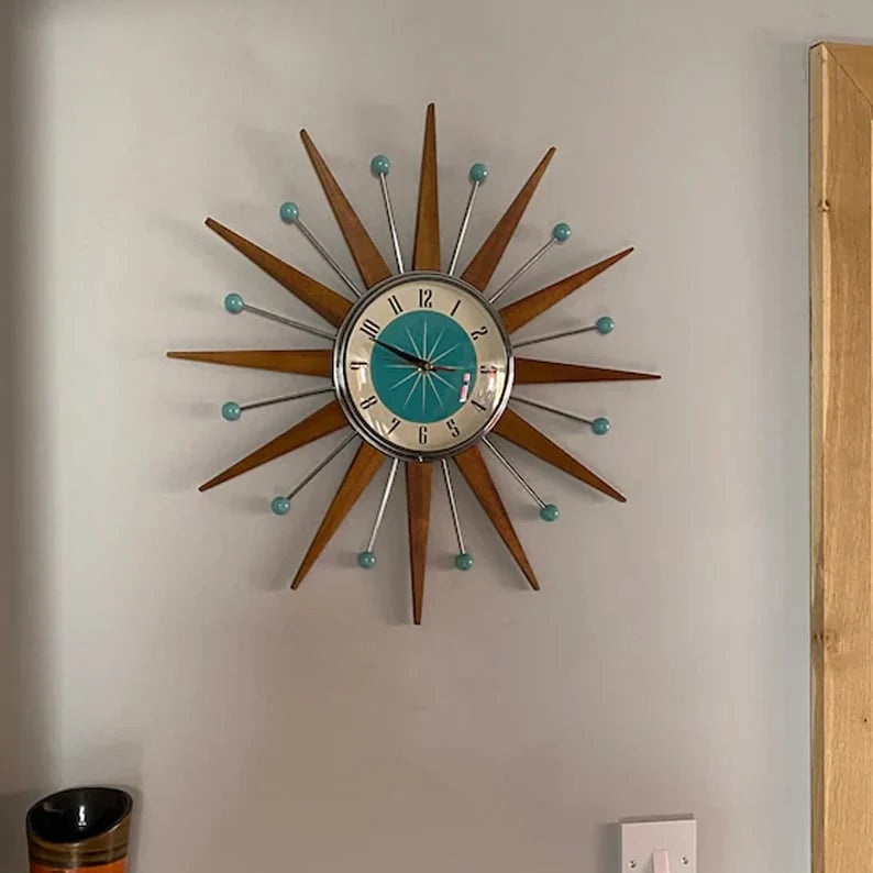 Wall Clock Mid-Century Sunburst Silent Movement