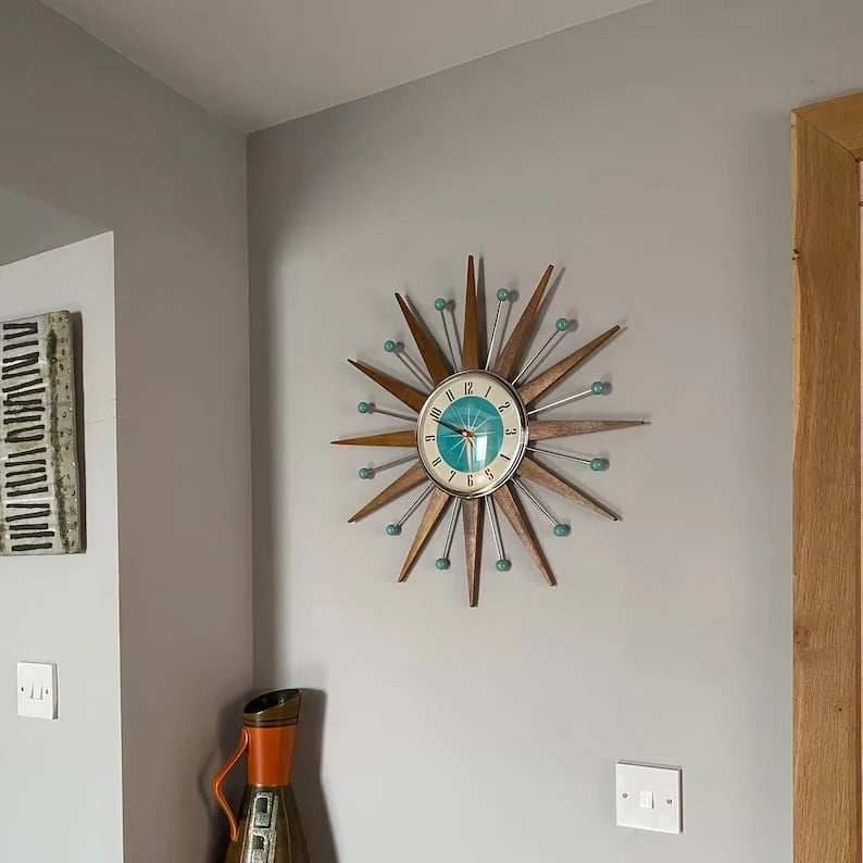 Wall Clock Mid-Century Sunburst Silent Movement