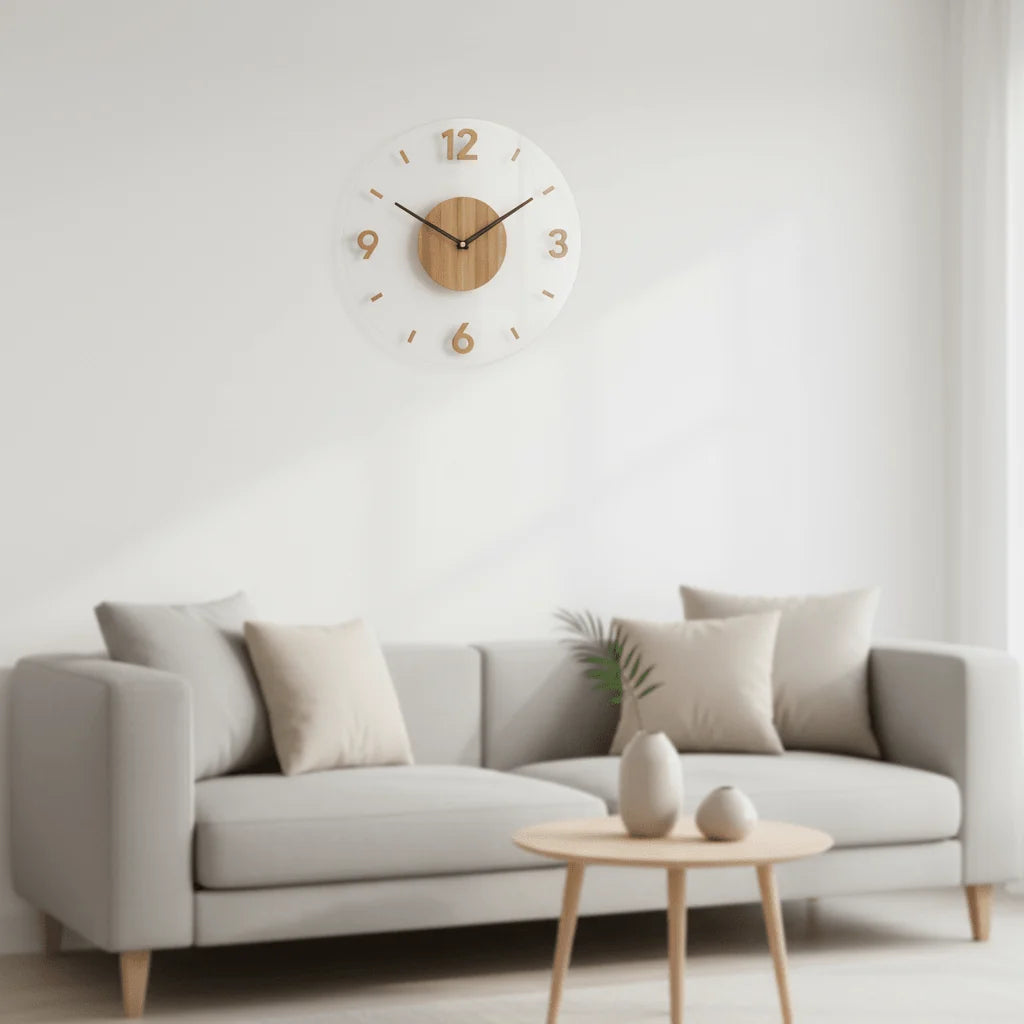 Wall Clock Natural Wood Silent Quartz Movement Clear Numbers