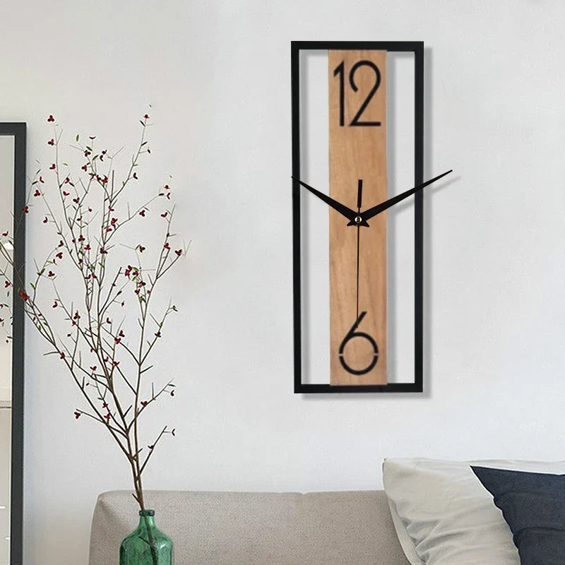 Wall Clock Slim Rectangular Wood Grain Silent Sweep