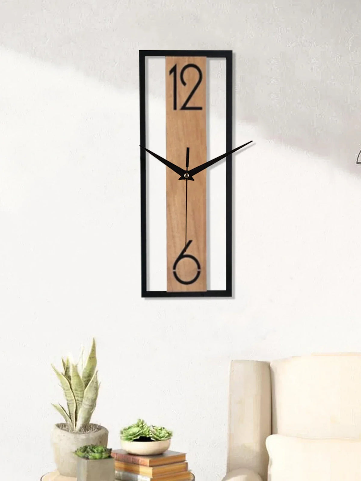 Wall Clock Slim Rectangular Wood Grain Silent Sweep