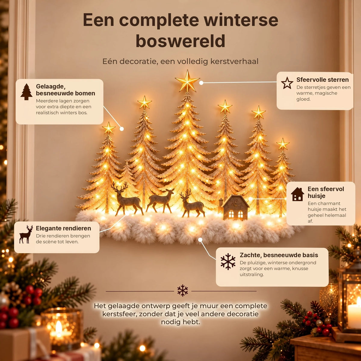 Wall Decor 3D Winter Scene With Deer Warm LED