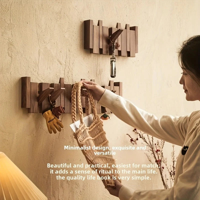 Wall Hook Rack Fold-Flat Solid Timber 6 Hooks