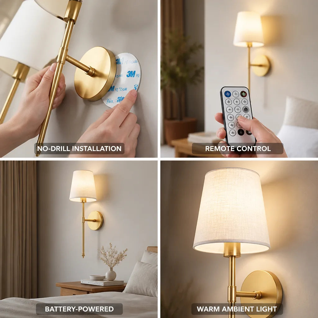 Wall Lamp Battery-Powered Remote Control No-Drill Mount