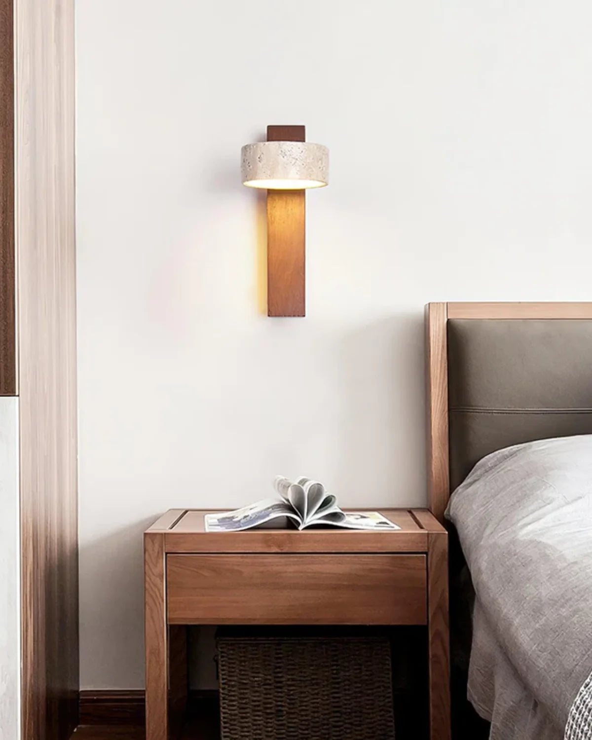 Wall Lamp Solid Travertine Shade & Timber Arm