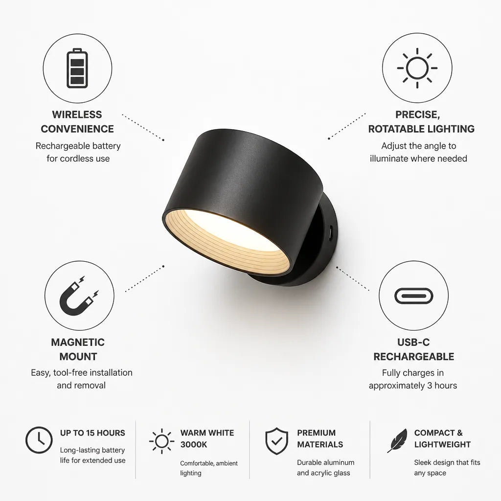Wall Light USB-C Rechargeable Magnetic Mount 15-Hour Battery