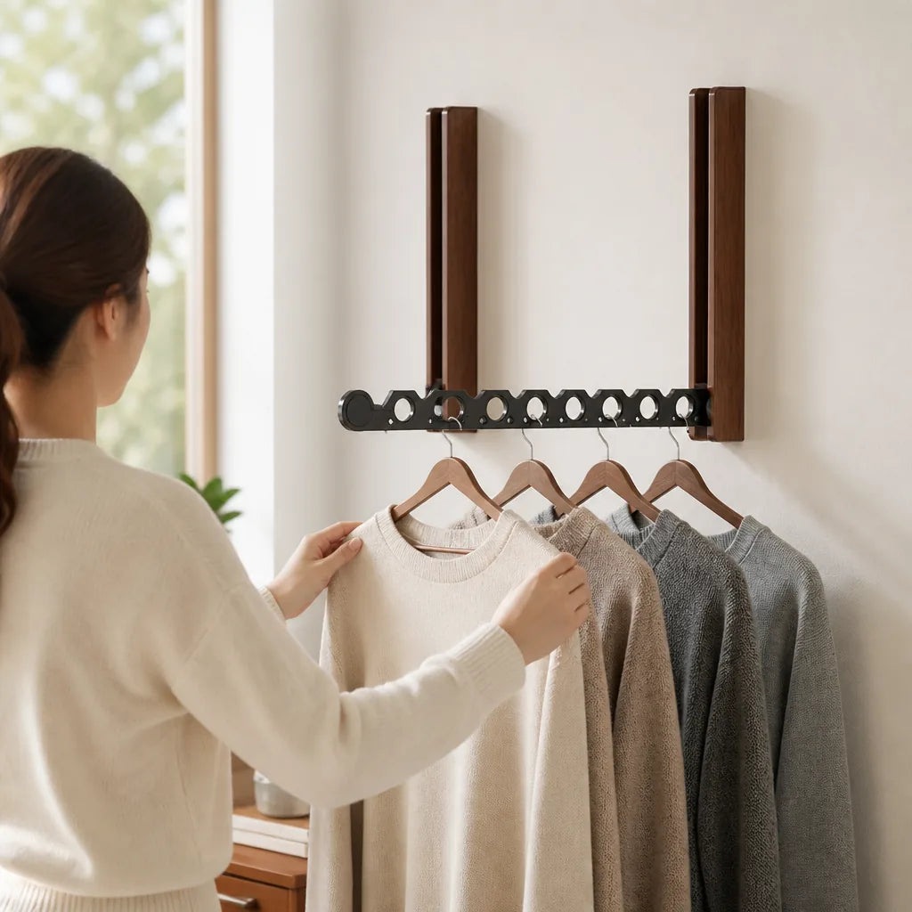 Wall-Mounted Coat Rack Foldable Wood Frame & Metal Rod