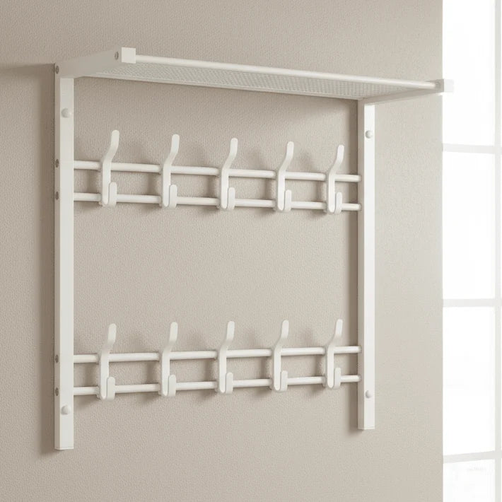 Wall-Mounted Coat Rack Shelf Adjustable Hooks Clothes Rail