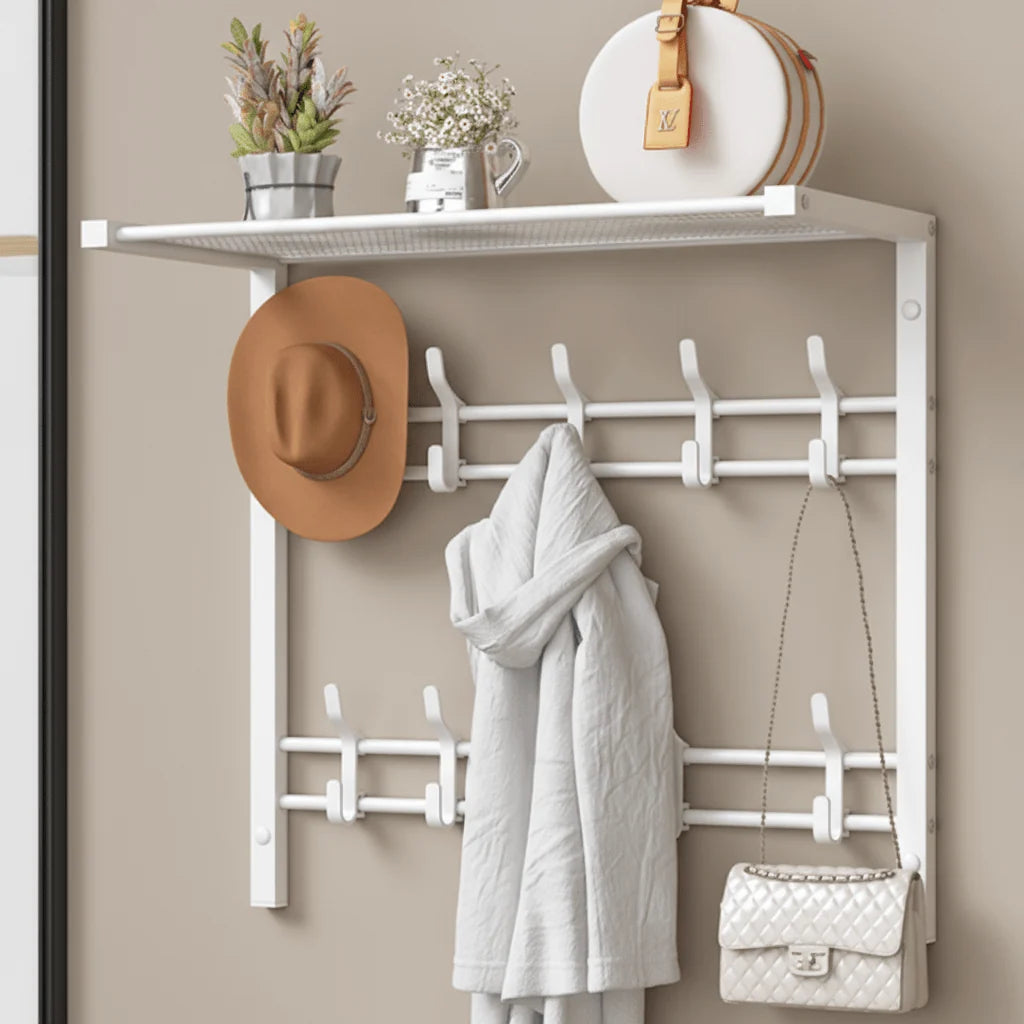 Wall-Mounted Coat Rack Shelf Adjustable Hooks Clothes Rail