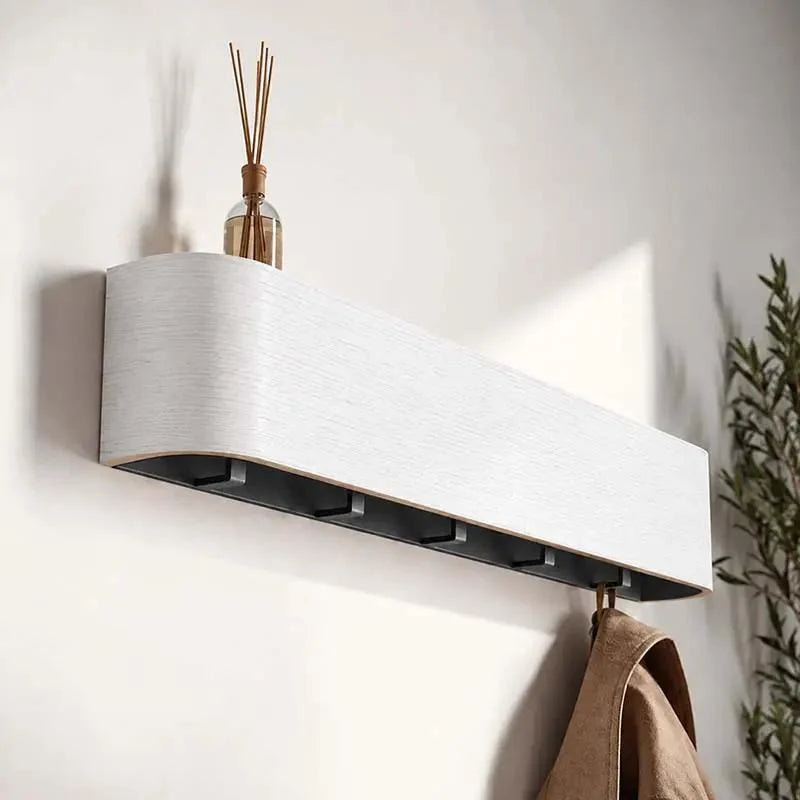 Wall-Mounted Coat Rack Solid Wood Shelf Concealed Hooks