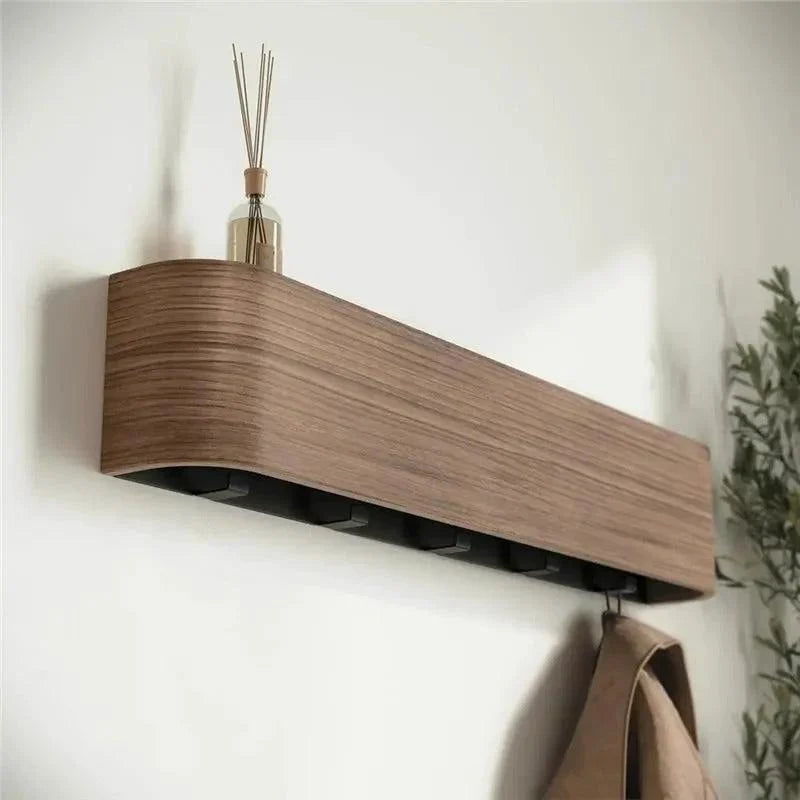 Wall-Mounted Coat Rack Solid Wood Shelf Concealed Hooks