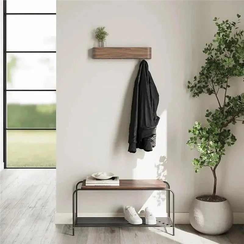 Wall-Mounted Coat Rack Solid Wood Shelf Concealed Hooks