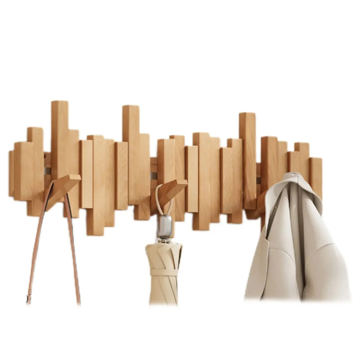 Wall-Mounted Coat Rack Wooden Foldable Hooks Space-Saving Storage