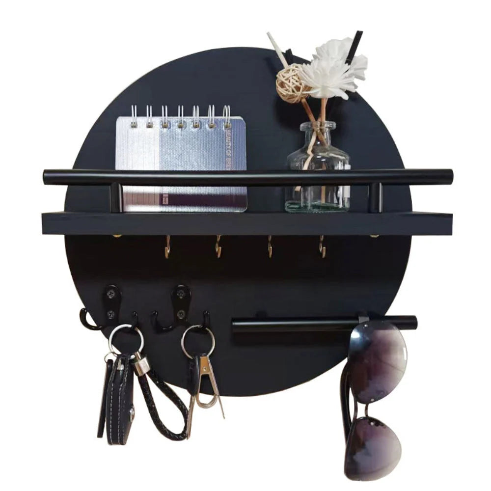 Wall-Mounted Key Holder Wooden Shelf With Hooks
