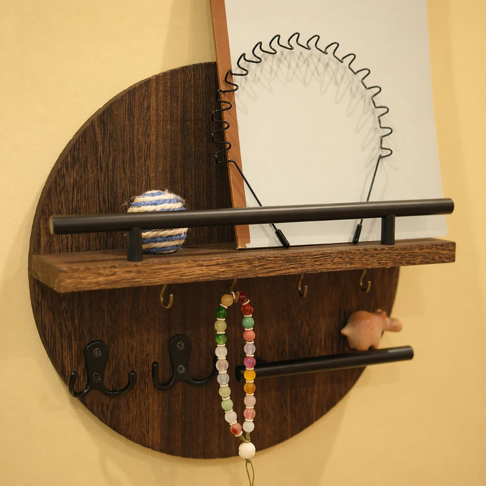 Wall-Mounted Key Holder Wooden Shelf With Hooks