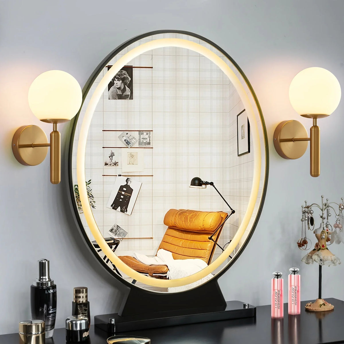 Wall Sconce Clear Glass Globe Polished Metal Backplate