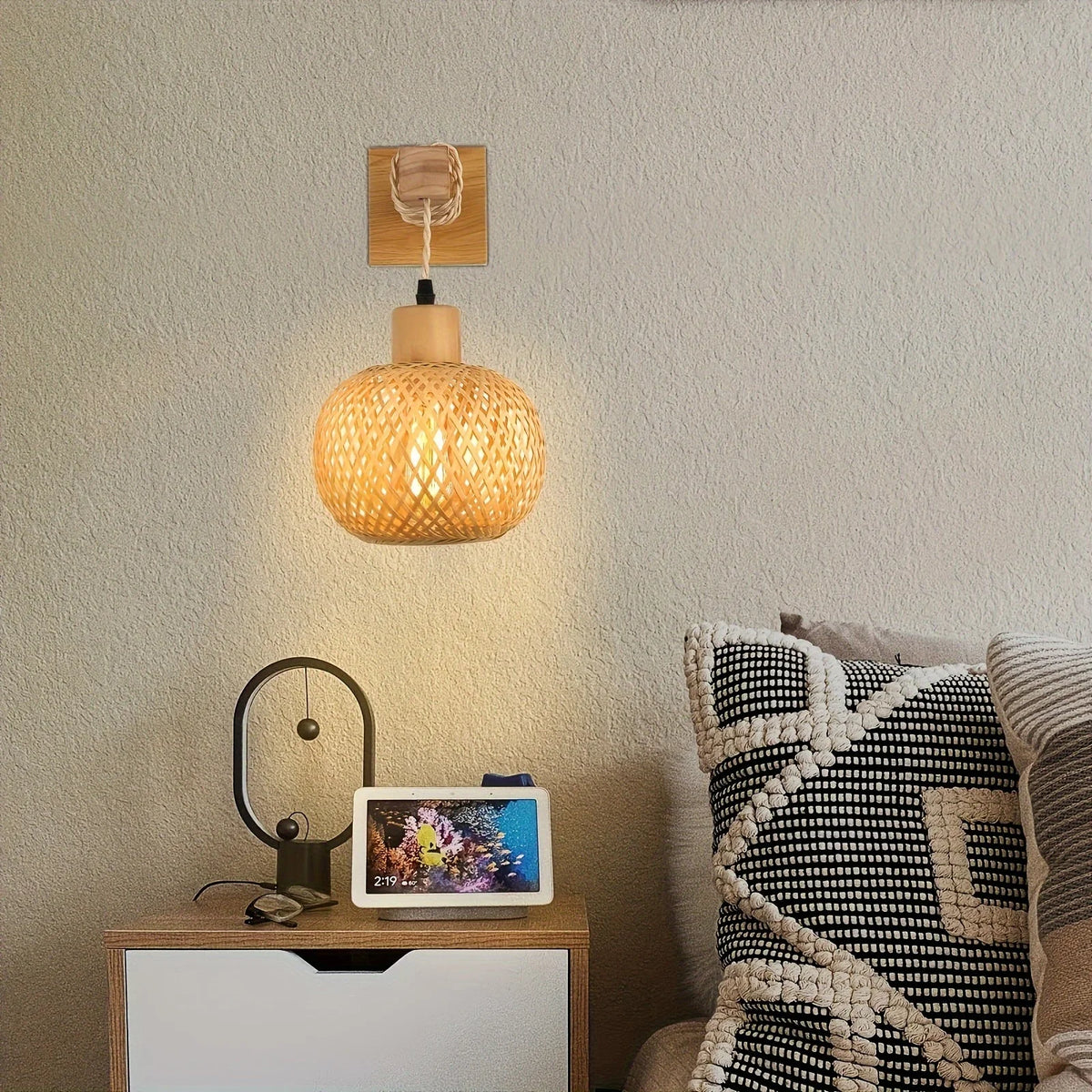 Wall Sconce Handwoven Rattan Shade Scattered Shadow Pattern