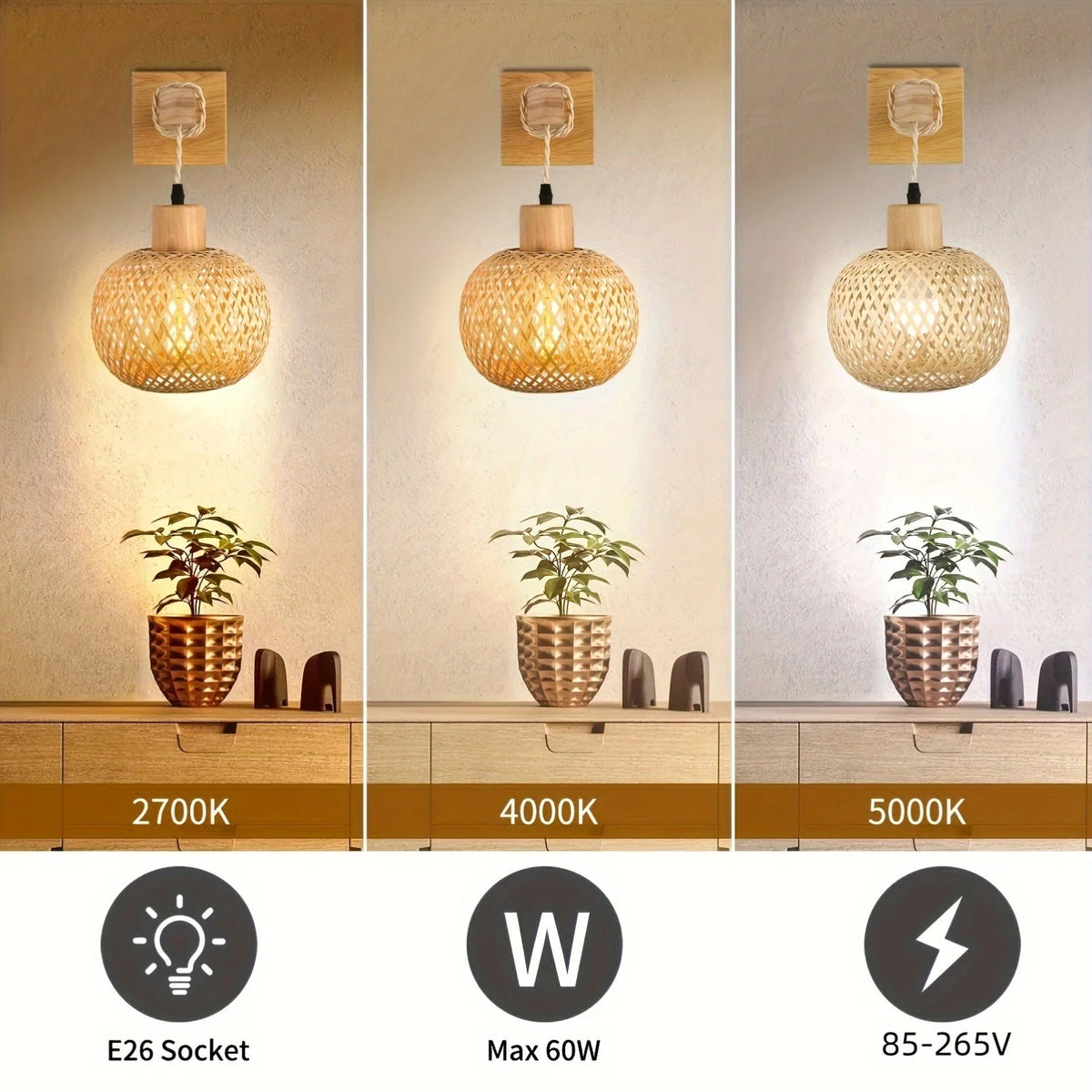 Wall Sconce Handwoven Rattan Shade Scattered Shadow Pattern