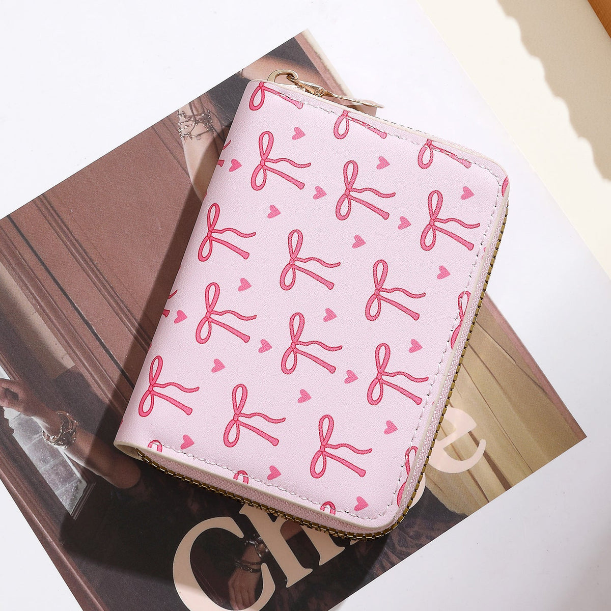 Wallet Bow Pattern Synthetic Leather Zip Closure Multiple Card Slots