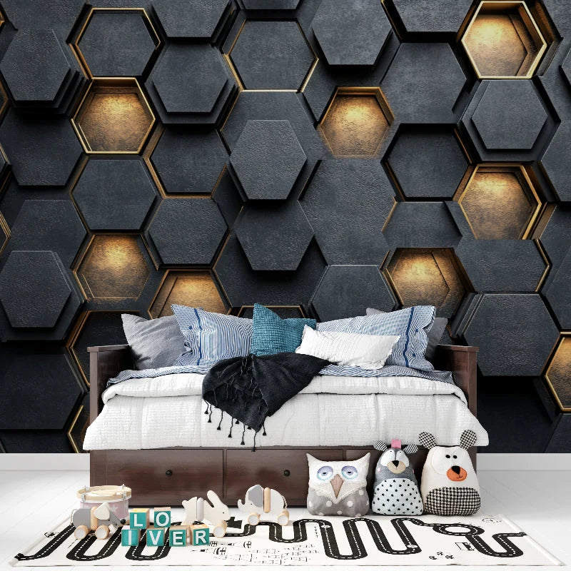 Wallpaper Embossed Honeycomb Black & Gold Self-Adhesive Option