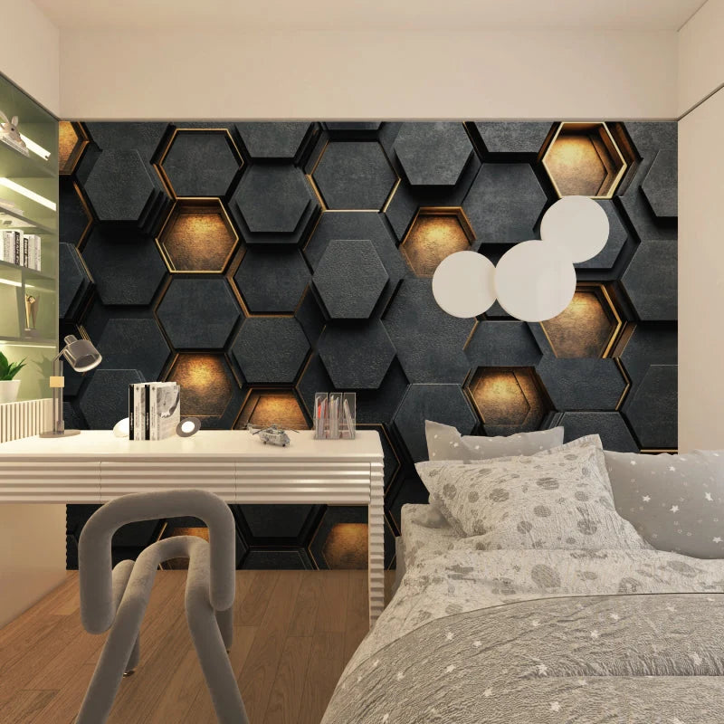 Wallpaper Embossed Honeycomb Black & Gold Self-Adhesive Option