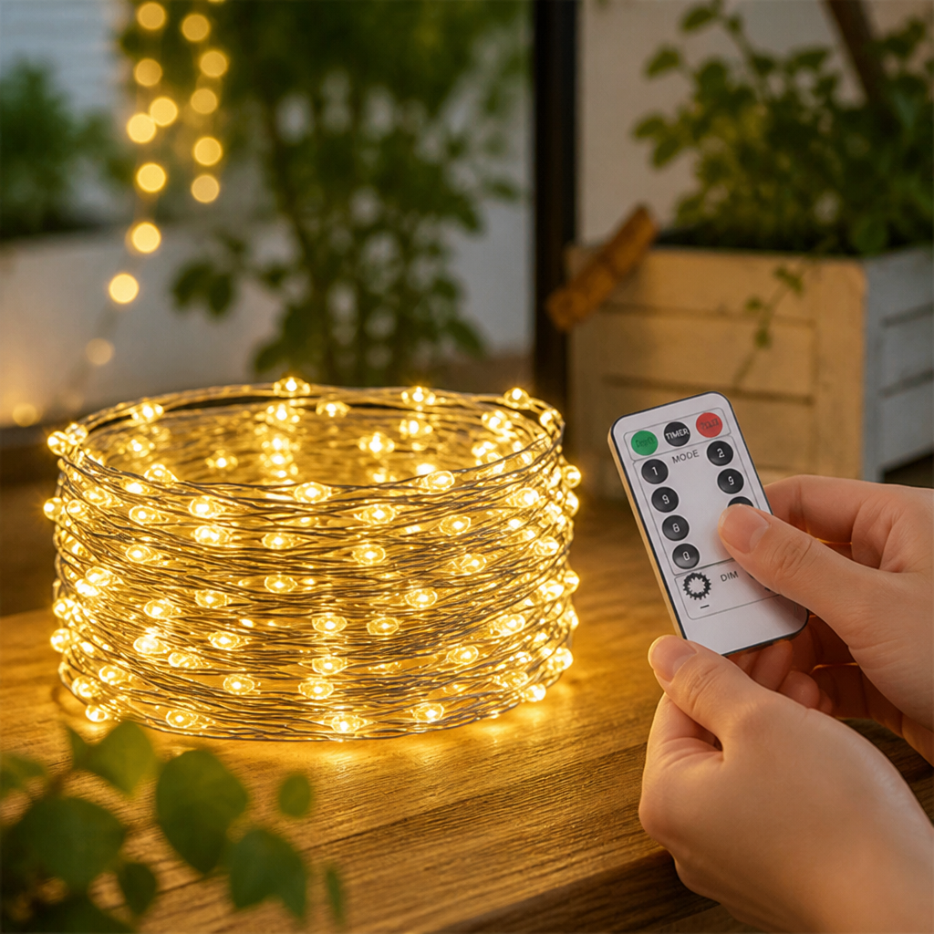Warm White Remote-Control LED String Lights (8 Modes, IP44)