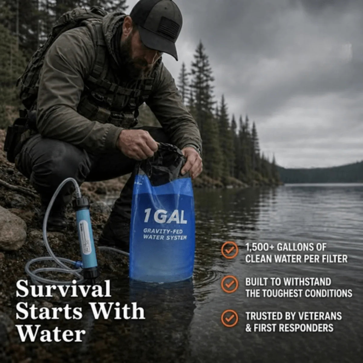 Water Filtration System Gravity-Fed Portable 1.6-Gallon Container