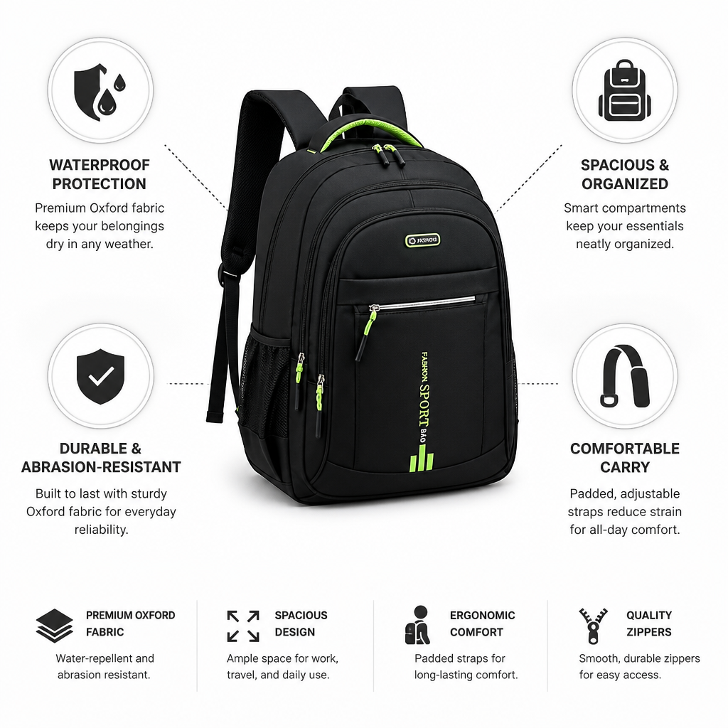 Water-Repellent Oxford Backpack (Padded Straps)