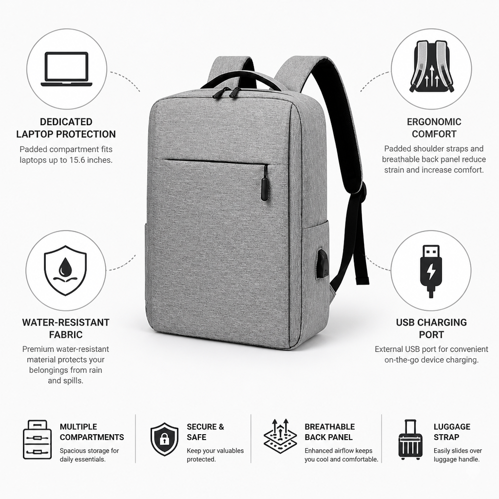 Water-Resistant Ergonomic Laptop Backpack (Fits 15.6-Inch Laptop)