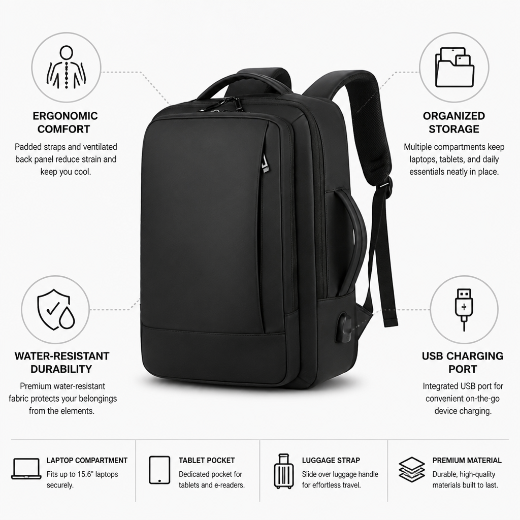 Water-Resistant Ergonomic Laptop Backpack (USB Charging Port)