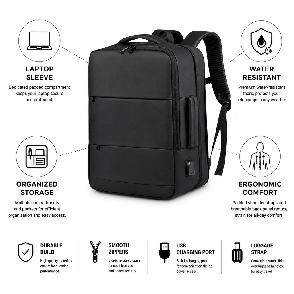Water-Resistant Ergonomic Travel Backpack (Laptop Sleeve)