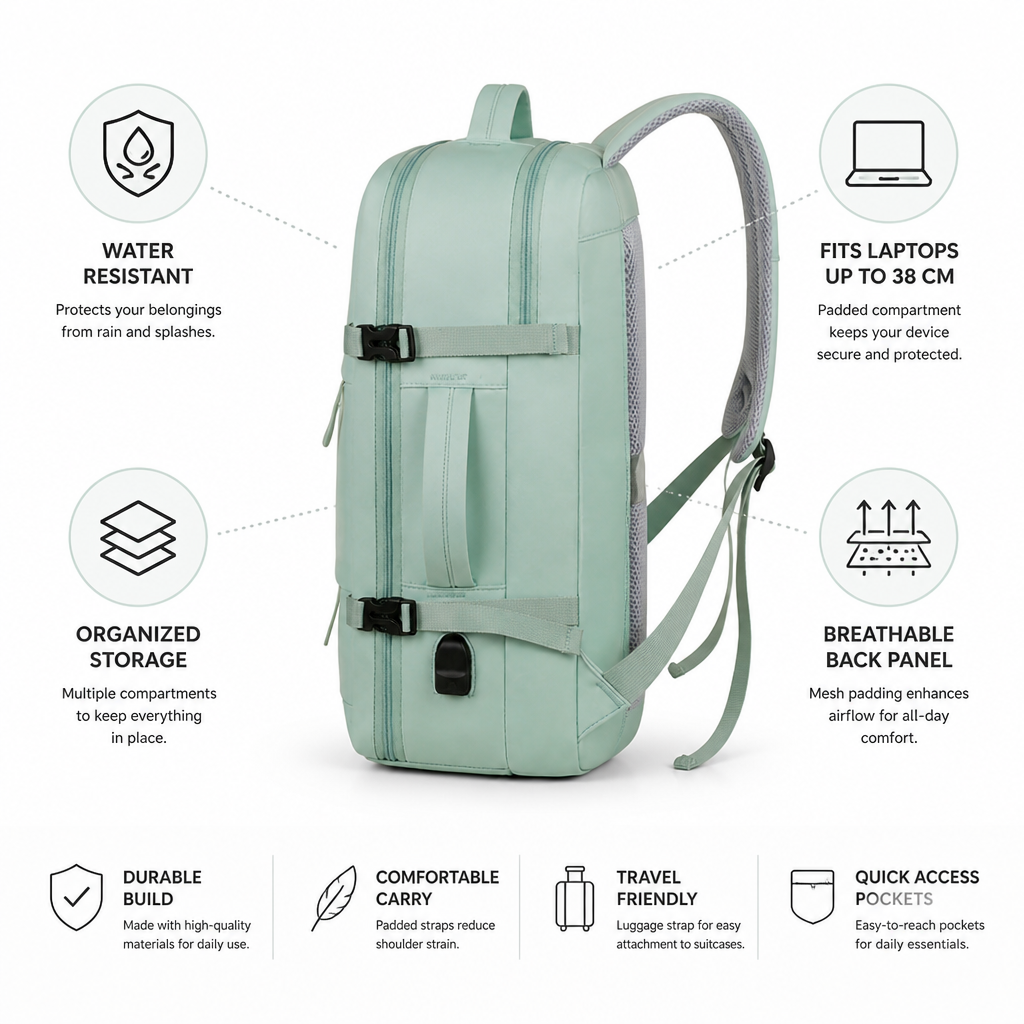 Water-Resistant Fabric, Padded Straps & Breathable Back Laptop Backpack (Fits Up To 38 cm)