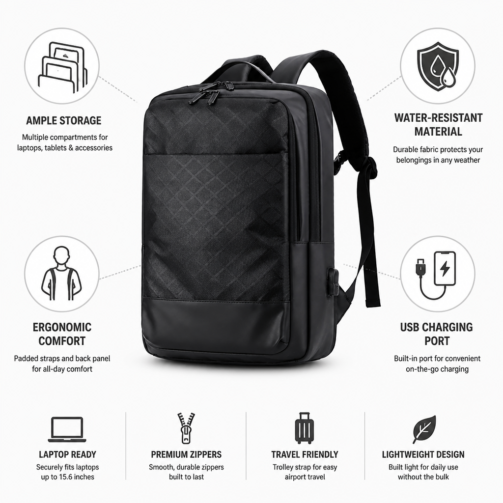 Water-Resistant Laptop-Ready USB-Charging Backpack