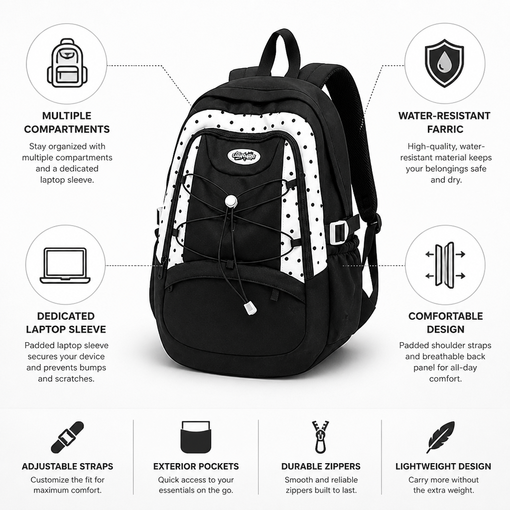 Water-Resistant Multi-Compartment Backpack (Laptop Sleeve)