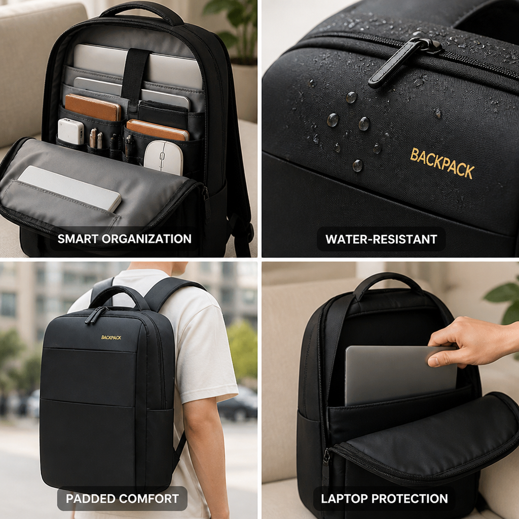 Water-Resistant Multi-Compartment Backpack (Padded Straps & Laptop Sleeve)