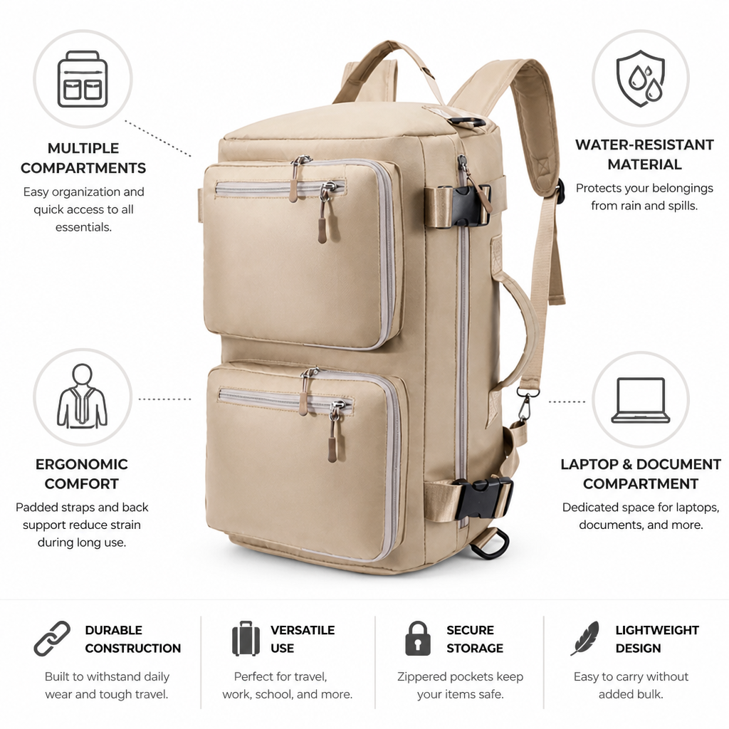 Water-Resistant Multi-Compartment Ergonomic Travel Backpack