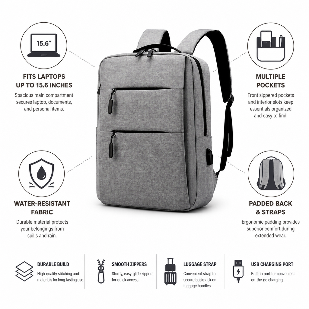Water-Resistant Multi-Compartment Padded Back & Straps Laptop Backpack (Fits 15.6 in)