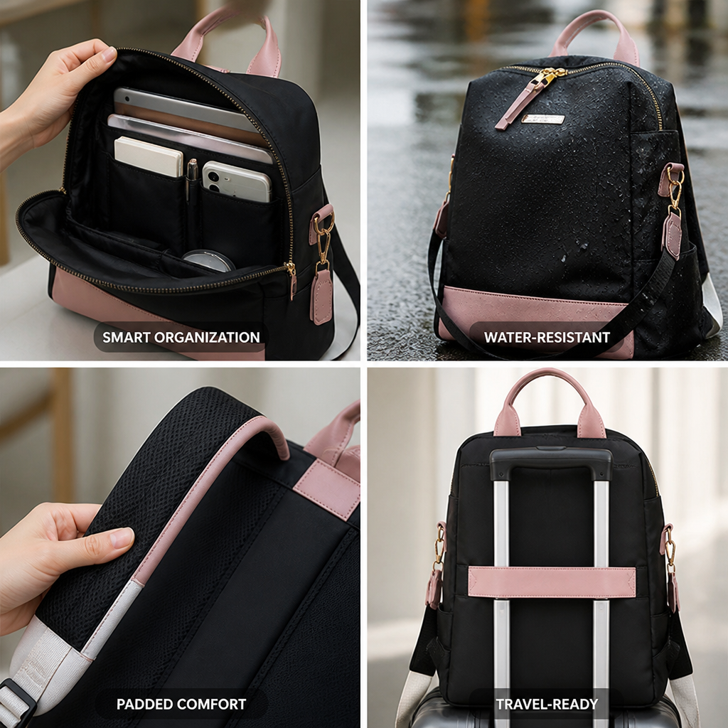 Water-Resistant Multi-Pocket Backpack (Padded Straps & Leather Accents)