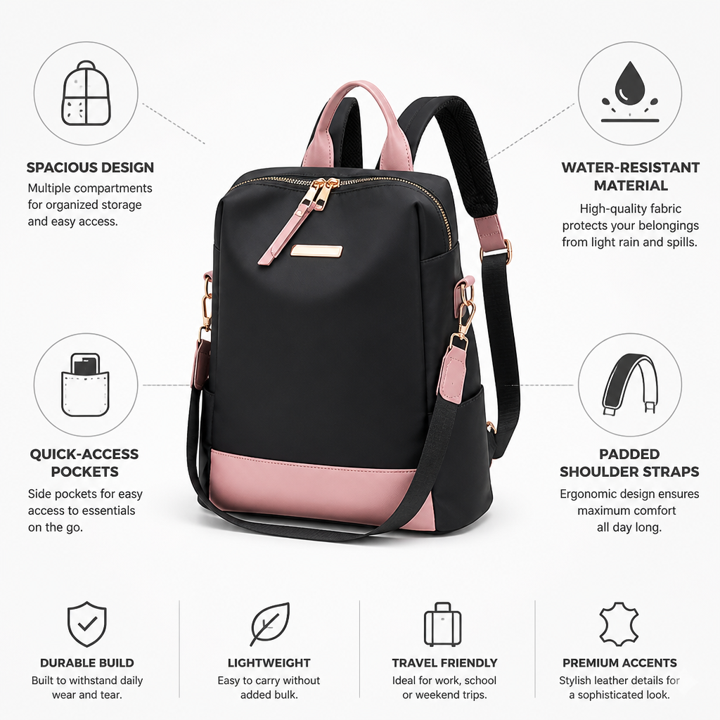 Water-Resistant Multi-Pocket Backpack (Padded Straps & Leather Accents)