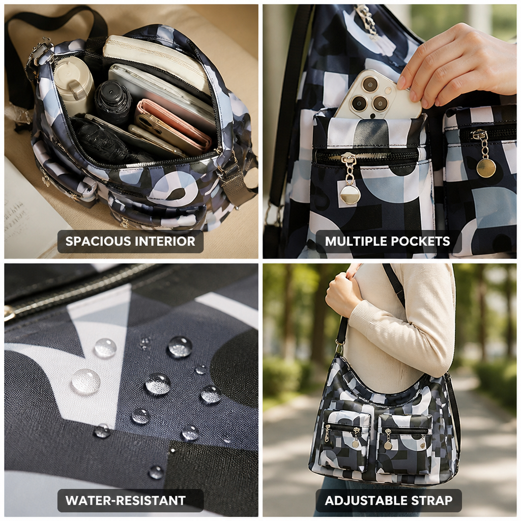 Water-Resistant Multi-Pocket Shoulder Bag (Adjustable Strap)