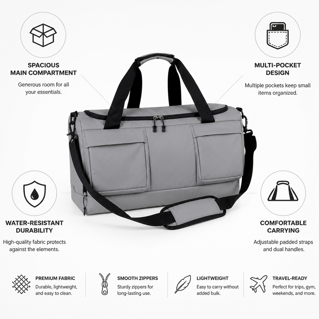 Water-Resistant Multi-Pocket Travel Duffel Bag