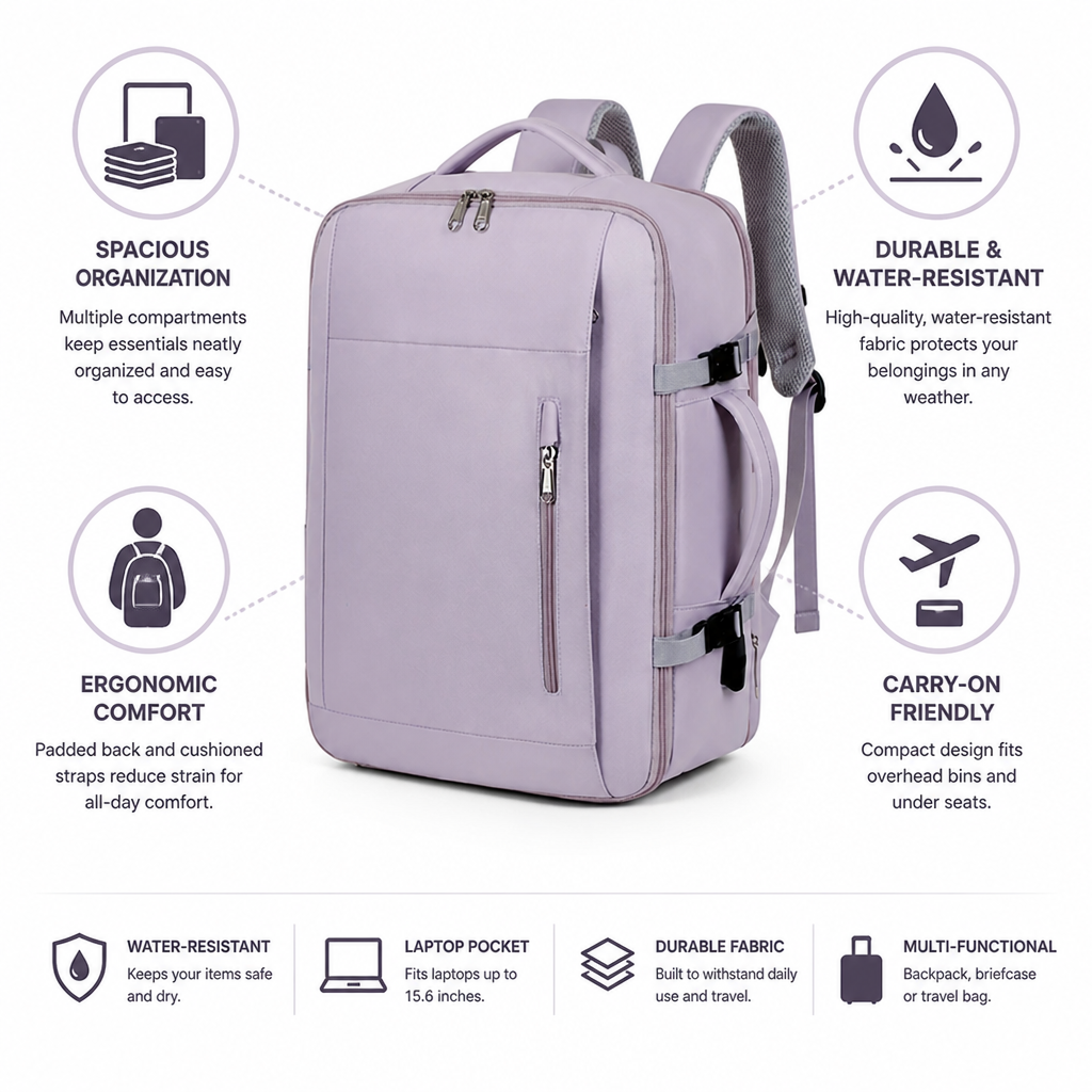 Water-Resistant Padded Back & Laptop Pocket Carry-On Backpack