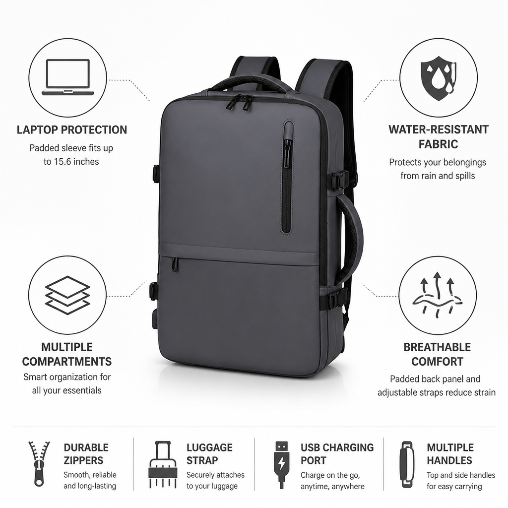 Water-Resistant Padded Laptop Backpack (Fits 15.6in)