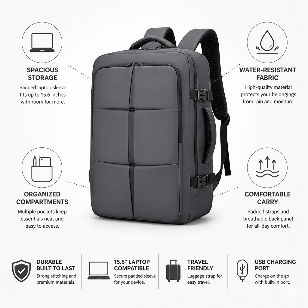 Water-Resistant Padded Laptop Backpack (Fits 15.6in)