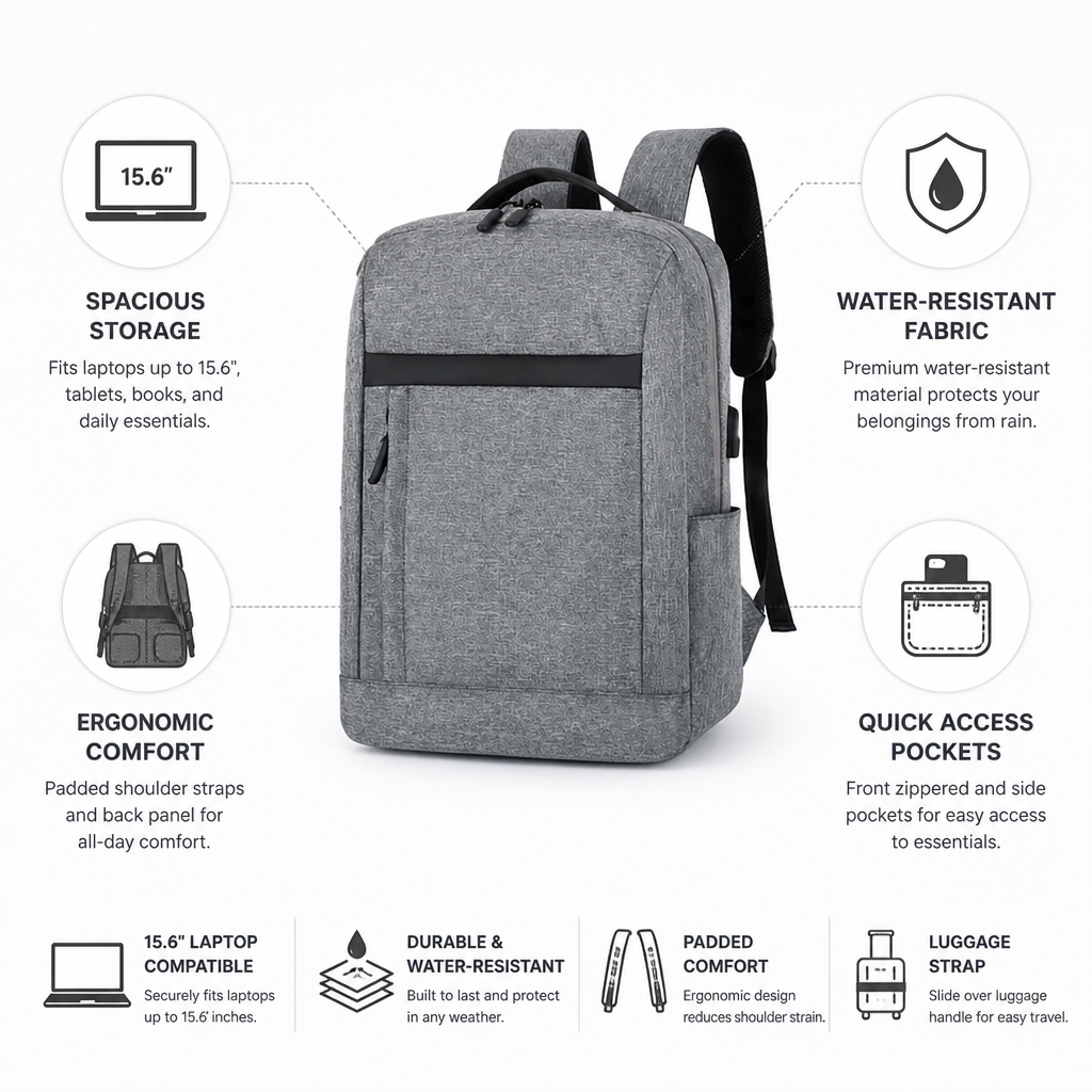 Water-Resistant Padded Straps Laptop & Tablet Backpack (Fits 15.6 in)