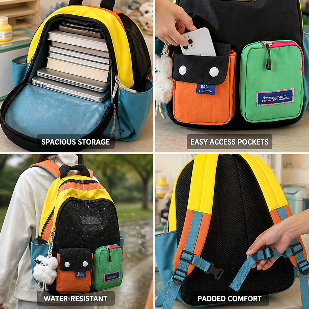 Water-Resistant Padded Straps Multi-Pocket School Backpack